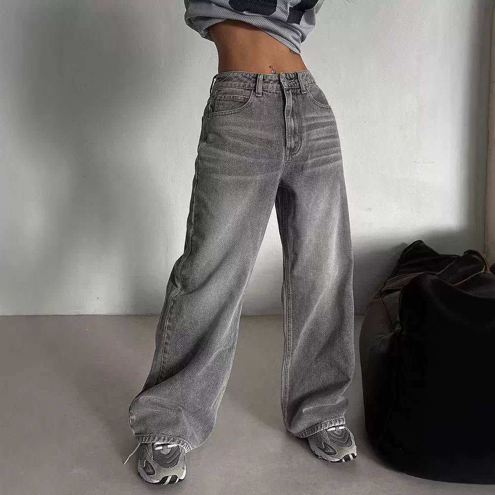 Whiskered Wide-Leg Jeans With Button Front and Pockets – Grey