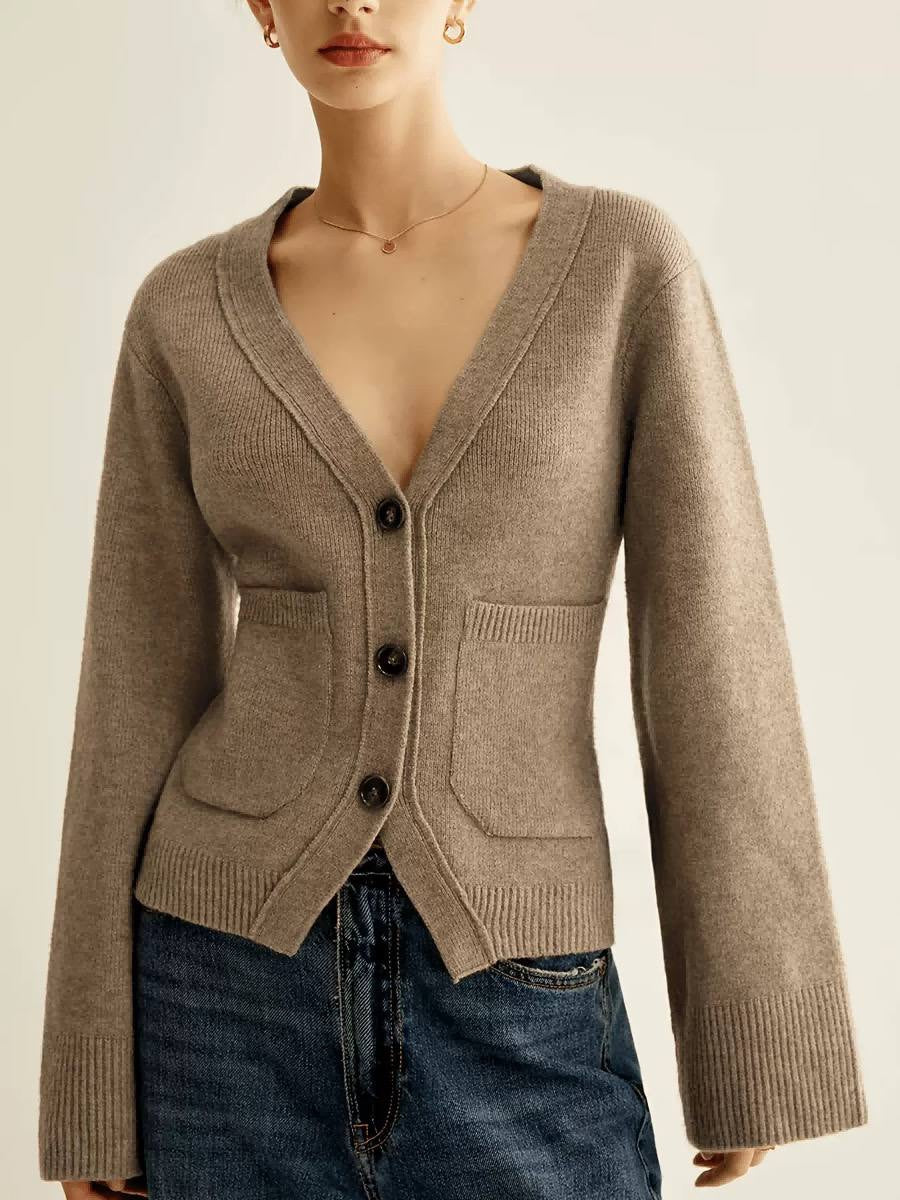 Shaped Waist Cardigan With Patch Pockets and Ribbed Cuffs – Taupe