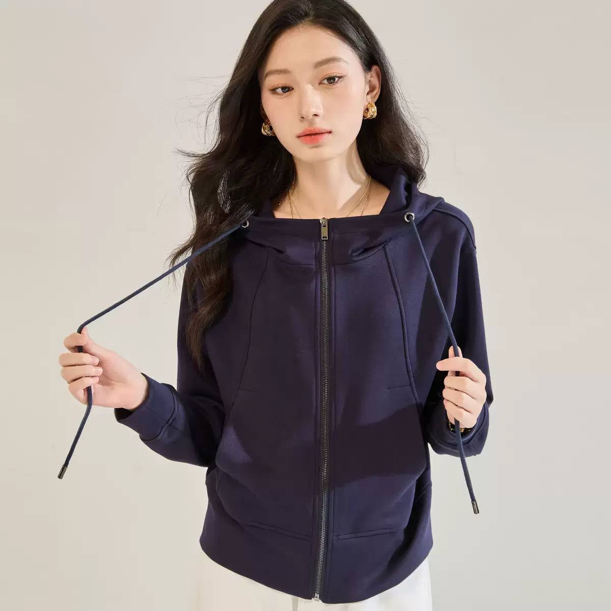 Drawstring Hood Jacket With Zip Front And Cuffed Sleeves – Navy