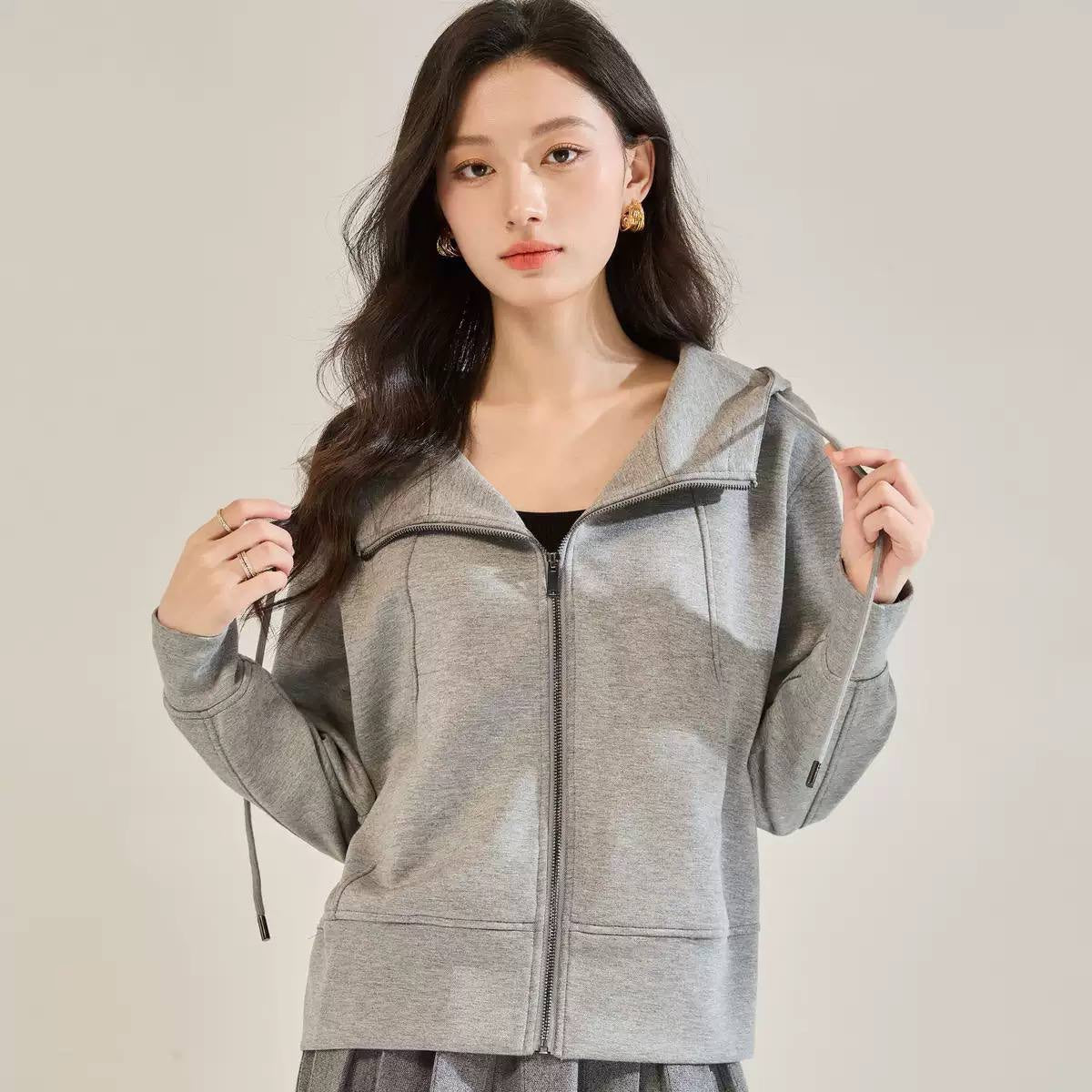 Drawstring Hood Jacket With Zip Front And Cuffed Sleeves – Grey