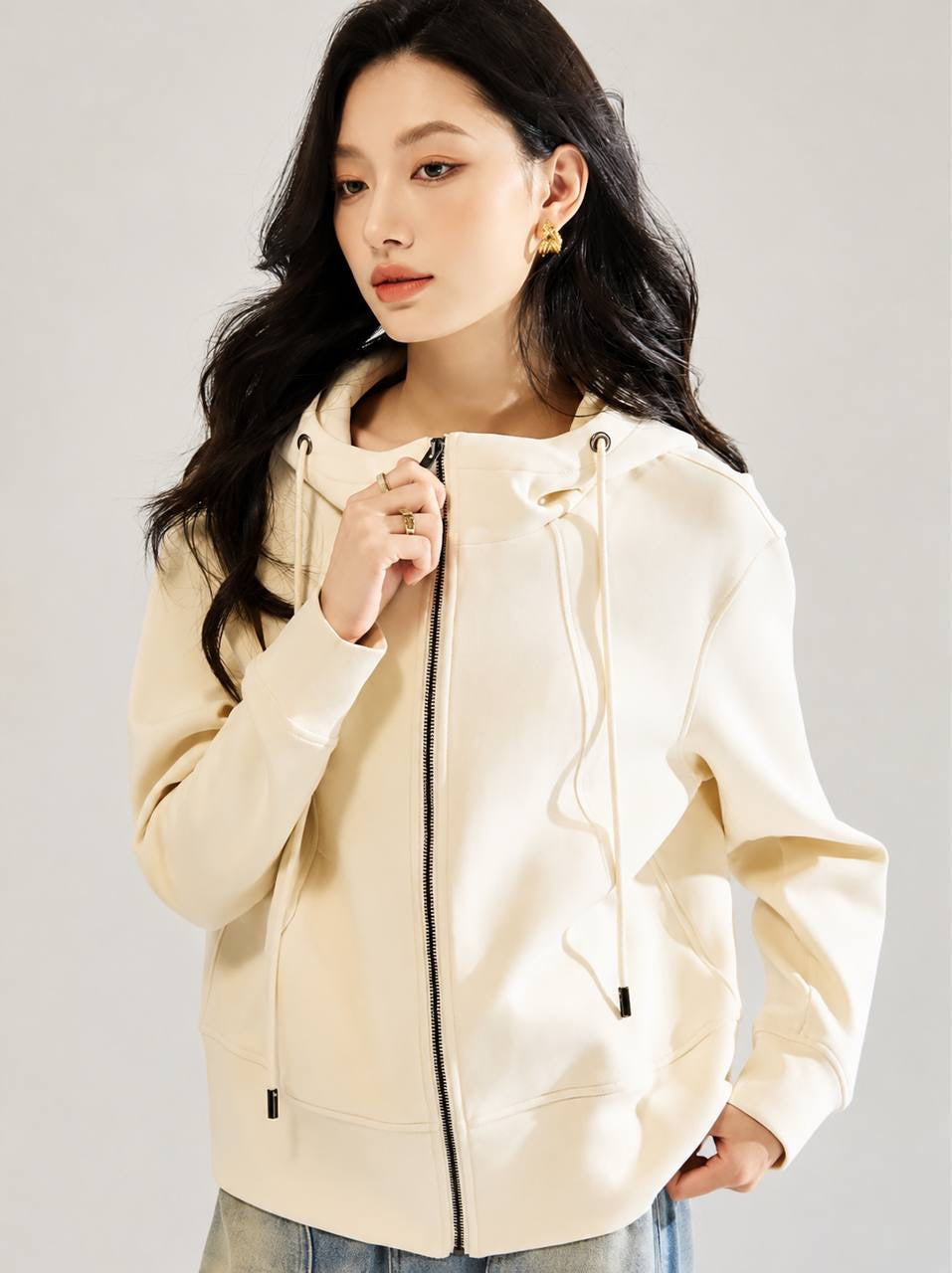 Drawstring Hood Jacket With Zip Front And Cuffed Sleeves – Cream