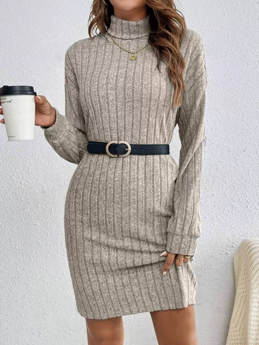 Relaxed Sweater Dress With Foldover Neck and Ribbed Texture – Beige
