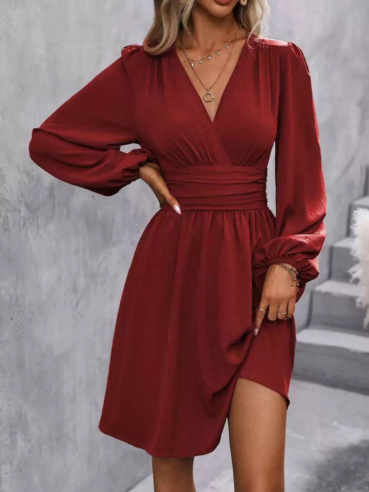 Ruched Waist Fit-and-Flare Dress With Long Blouson Sleeves – Red