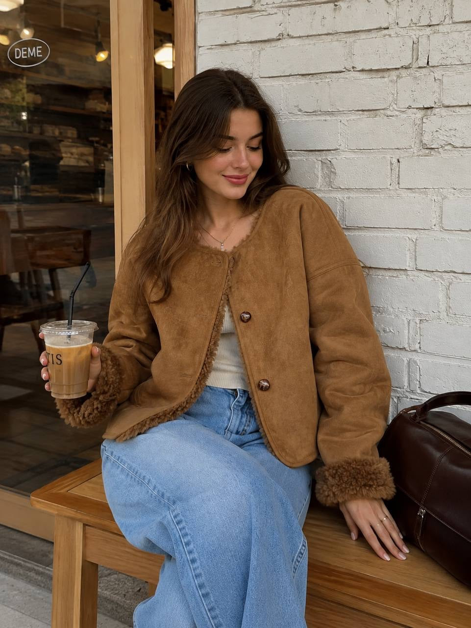 Collarless Drop-Shoulder Jacket With Textured Turnback Cuffs – Tan