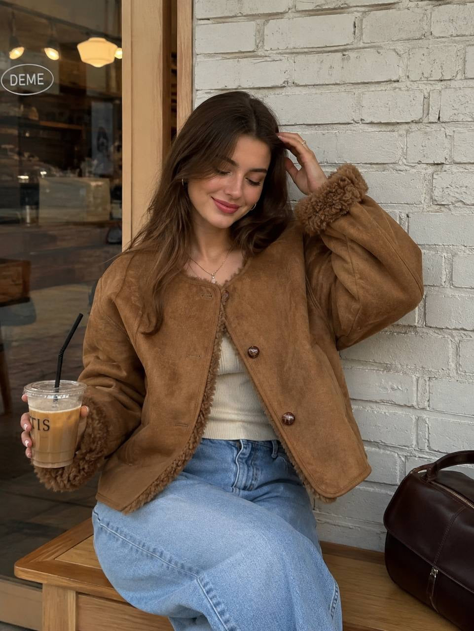 Collarless Drop-Shoulder Jacket With Textured Turnback Cuffs – Tan