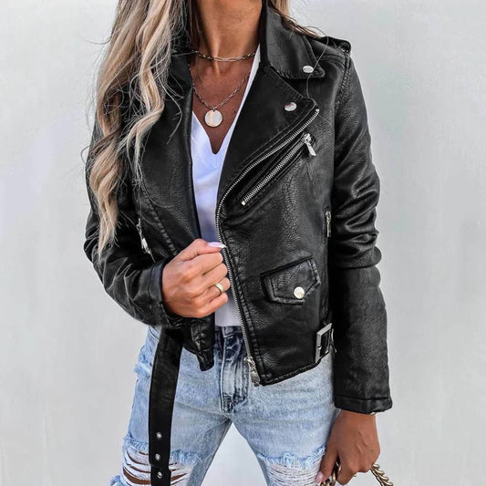 Textured Biker Jacket With Buckled Hem and Zip Pockets – Black