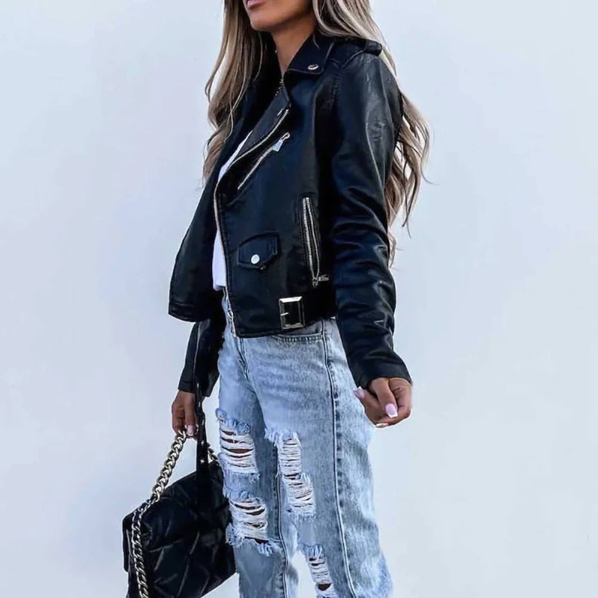 Textured Biker Jacket With Buckled Hem and Zip Pockets – Black