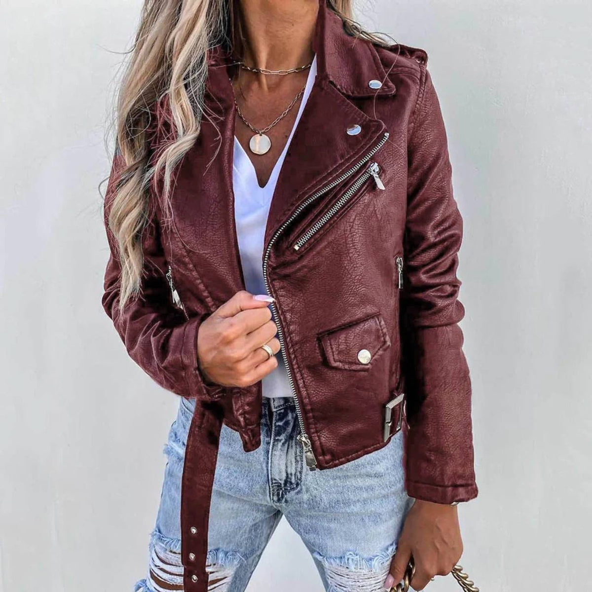 Textured Biker Jacket With Buckled Hem and Zip Pockets – Burgundy
