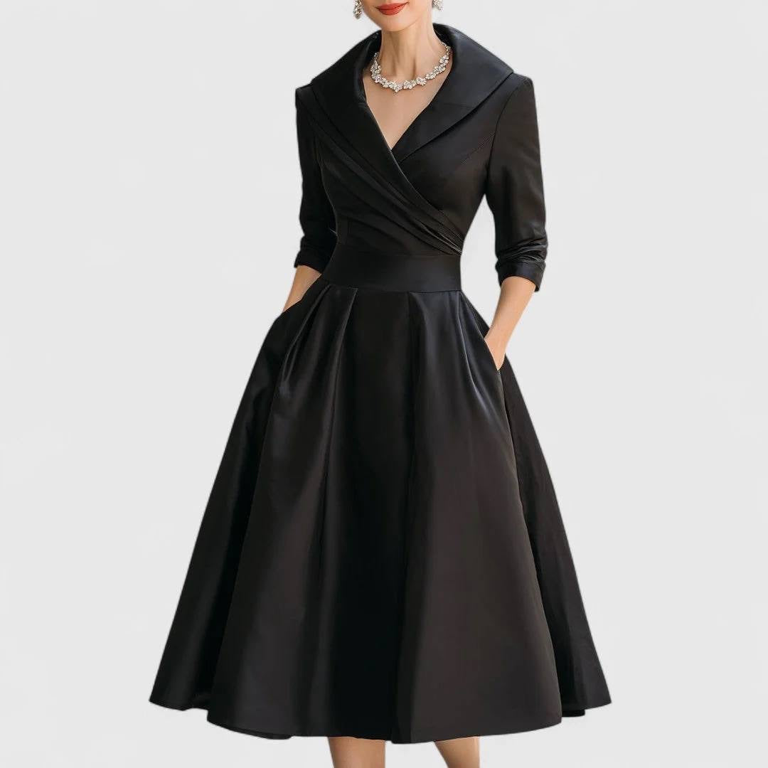 Pleated Crossover Midi Dress With Three-Quarter Sleeves – Black