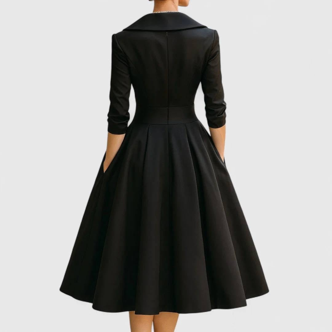 Pleated Crossover Midi Dress With Three-Quarter Sleeves – Black