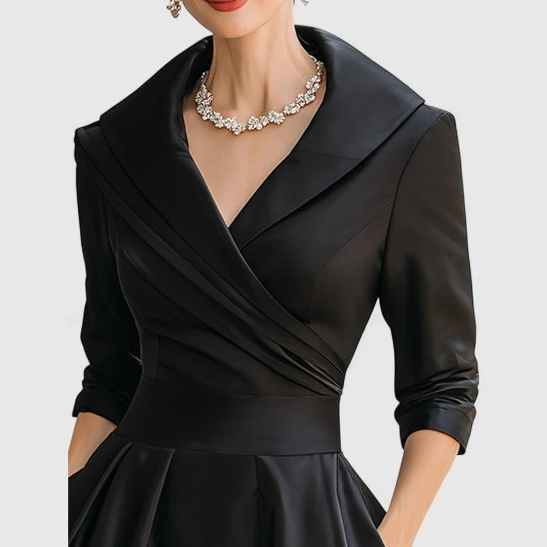Pleated Crossover Midi Dress With Three-Quarter Sleeves – Black