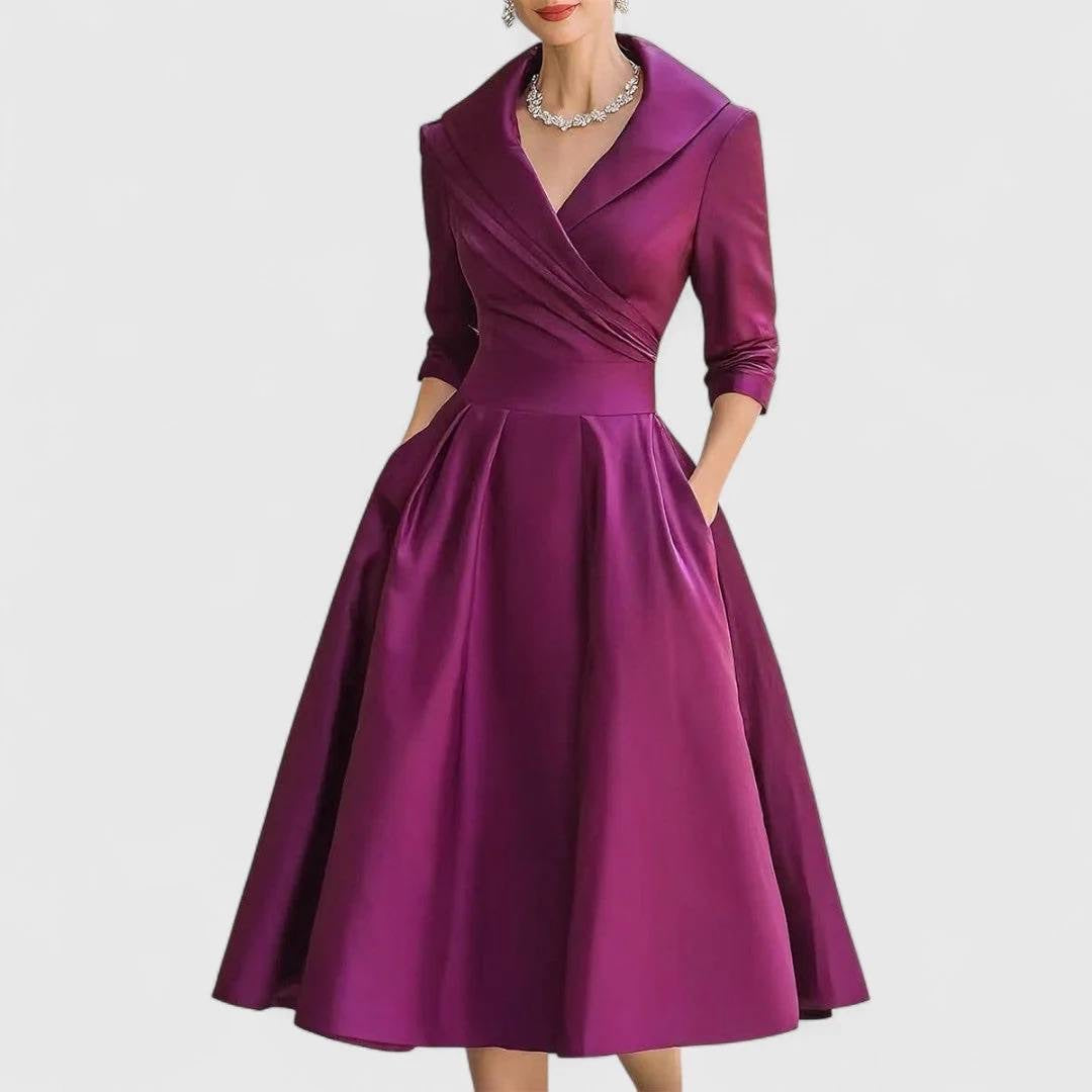 Pleated Crossover Midi Dress With Three-Quarter Sleeves – Purple