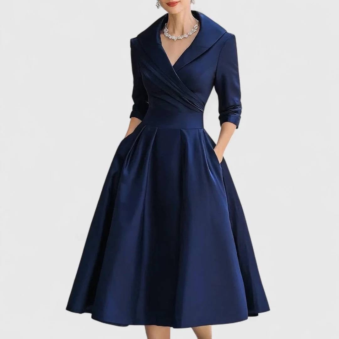 Pleated Crossover Midi Dress With Three-Quarter Sleeves – Navy