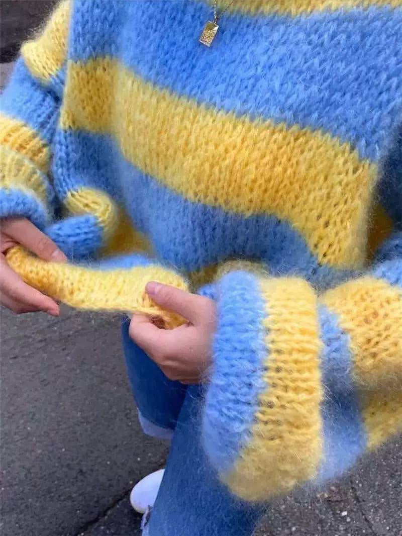 Wide Stripe Sweater With a Relaxed Fuzzy Finish – Blue And Yellow Stripe
