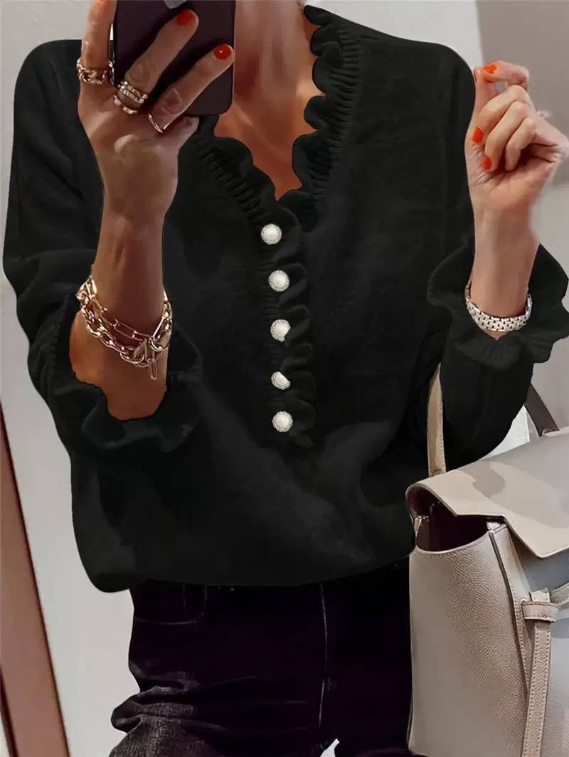 Relaxed V-Neck Sweater With Ruffled Neckline And Cuffs – Black