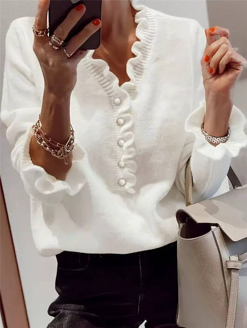 Relaxed V-Neck Sweater With Ruffled Neckline And Cuffs – White