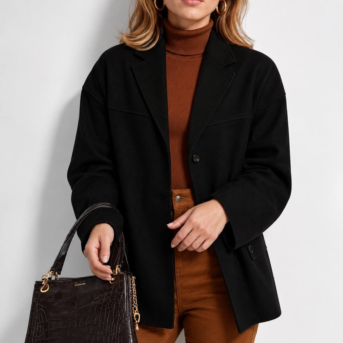 Longline Three-Button Blazer With Flap Pockets – Black