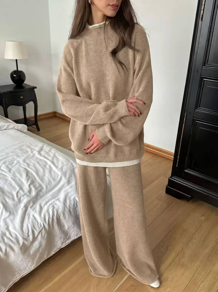 Round Neck Sweater Set With Wide-Leg Pants – Beige