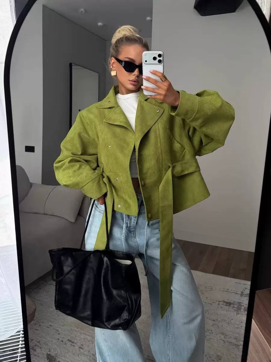 Balloon Sleeve Tie-Waist Jacket With Wide Cuffs – Green