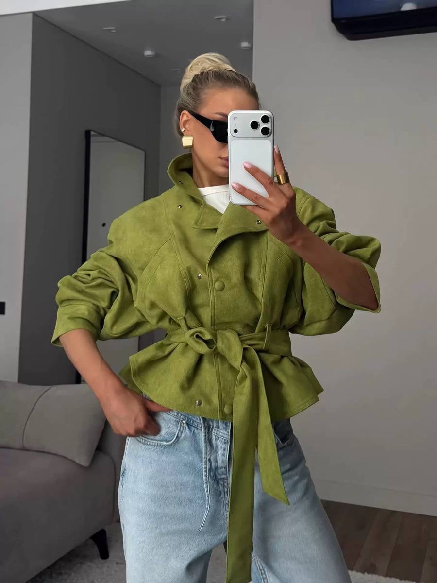Balloon Sleeve Tie-Waist Jacket With Wide Cuffs – Green