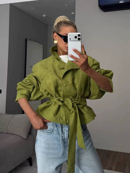 Balloon Sleeve Tie-Waist Jacket With Wide Cuffs – Green