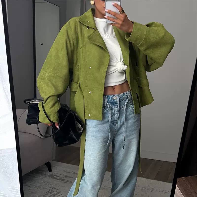 Balloon Sleeve Tie-Waist Jacket With Wide Cuffs – Green