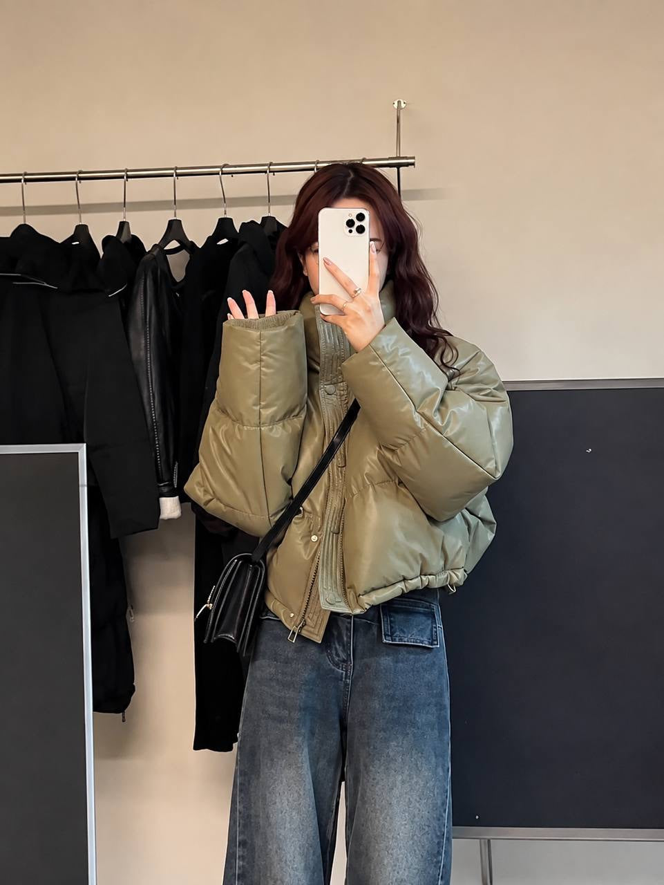 Quilted Puffer Jacket With Drawstring Hem And Pockets – Olive Green