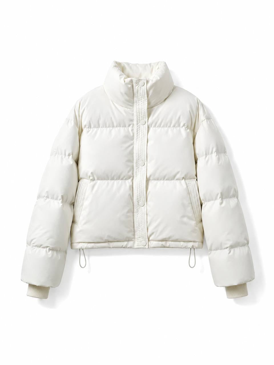 Quilted Puffer Jacket With Drawstring Hem And Pockets – Ivory