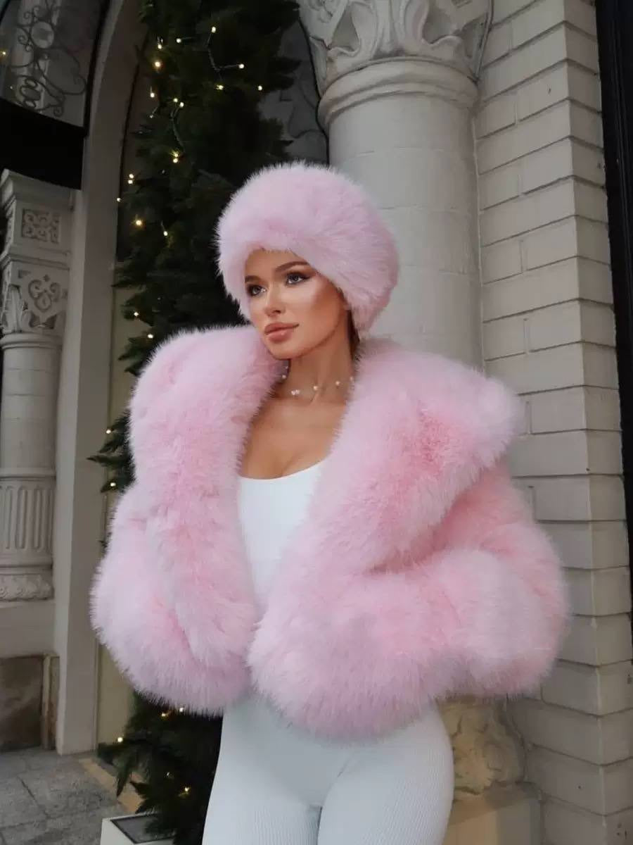 Full-Sleeve Hooded Jacket With Fluffy Finish And Cropped Hem – Light Pink