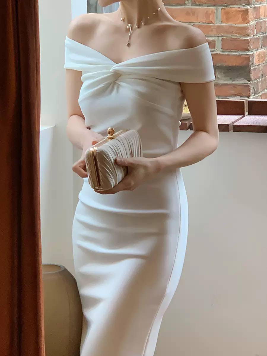 Short-Sleeve Occasion Midi Dress With A Twisted Bardot Neckline – White