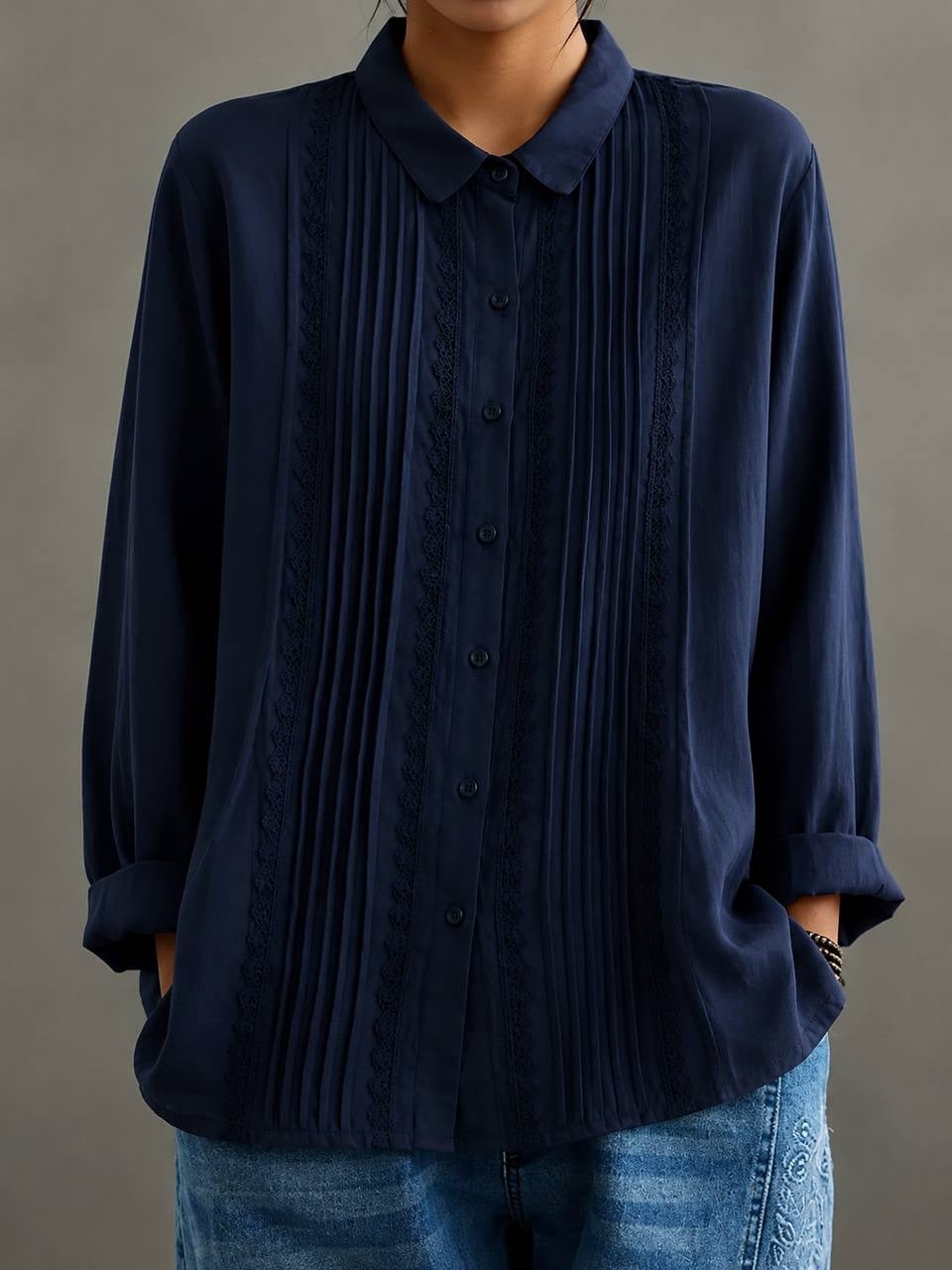 Long Sleeve Blouse With Pintucks And Scalloped Lace – Navy