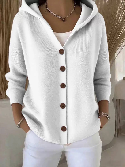 Loose-Fit Cardigan With Hood and Round Button Front – White