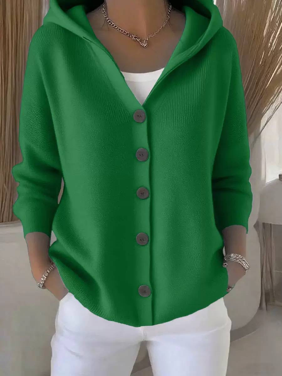 Loose-Fit Cardigan With Hood and Round Button Front – Green