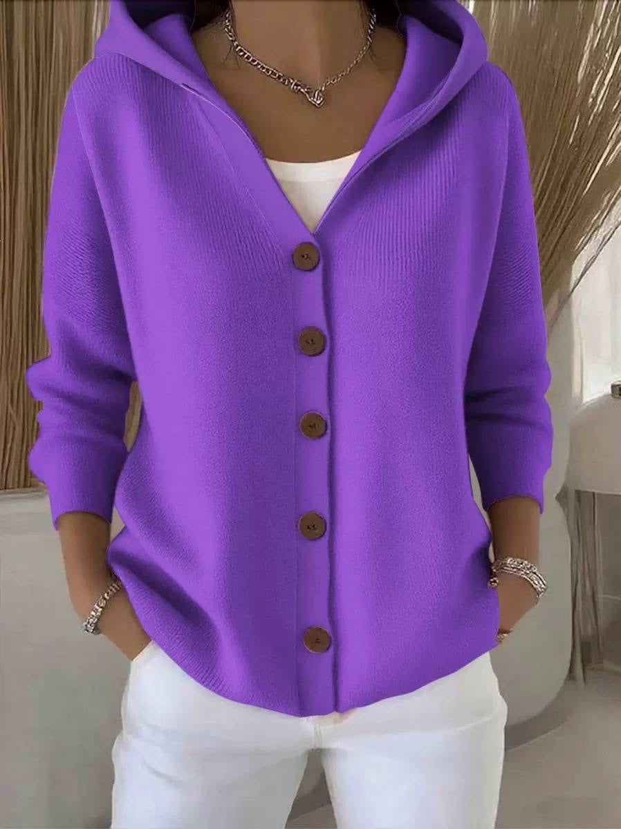 Loose-Fit Cardigan With Hood and Round Button Front – Purple