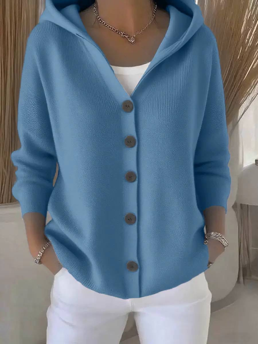 Loose-Fit Cardigan With Hood and Round Button Front – Blue