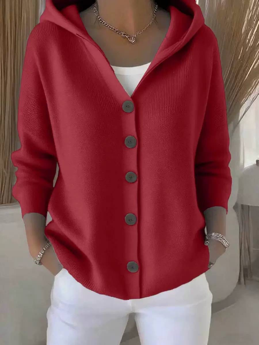 Loose-Fit Cardigan With Hood and Round Button Front – Red
