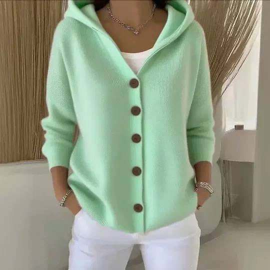 Loose-Fit Cardigan With Hood and Round Button Front – Mint Green