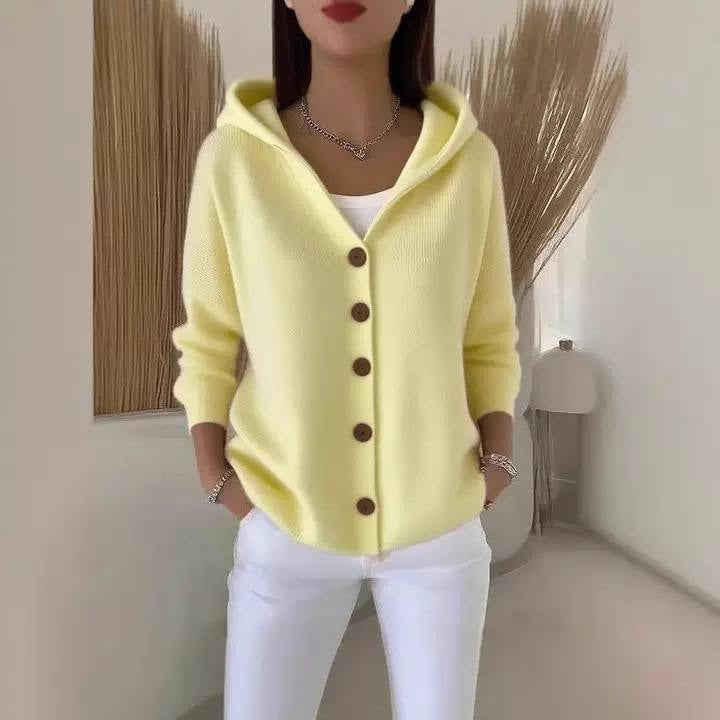 Loose-Fit Cardigan With Hood and Round Button Front – Yellow