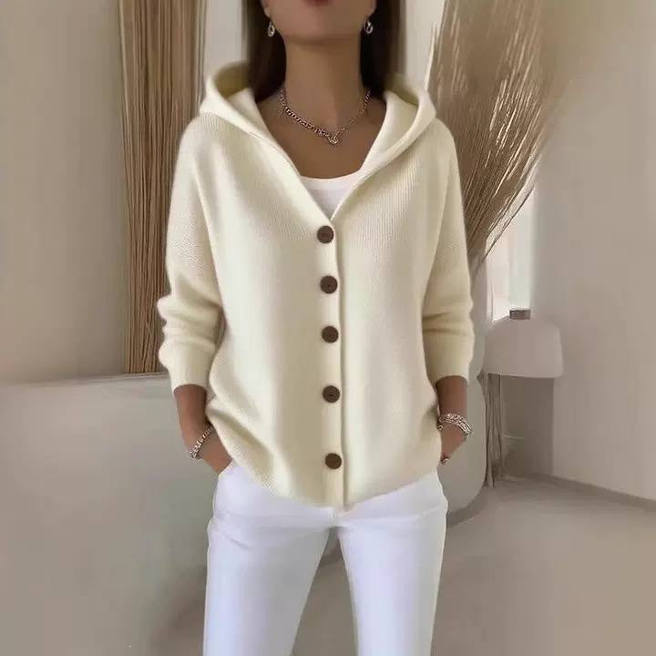 Loose-Fit Cardigan With Hood and Round Button Front – Cream