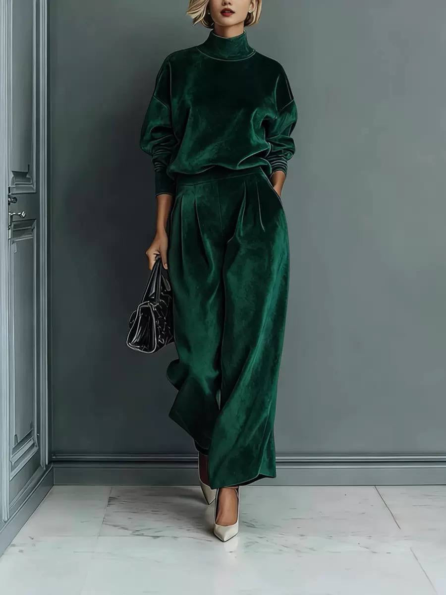 Relaxed Two-Piece Pants Set With Pleats And Pockets – Dark Green