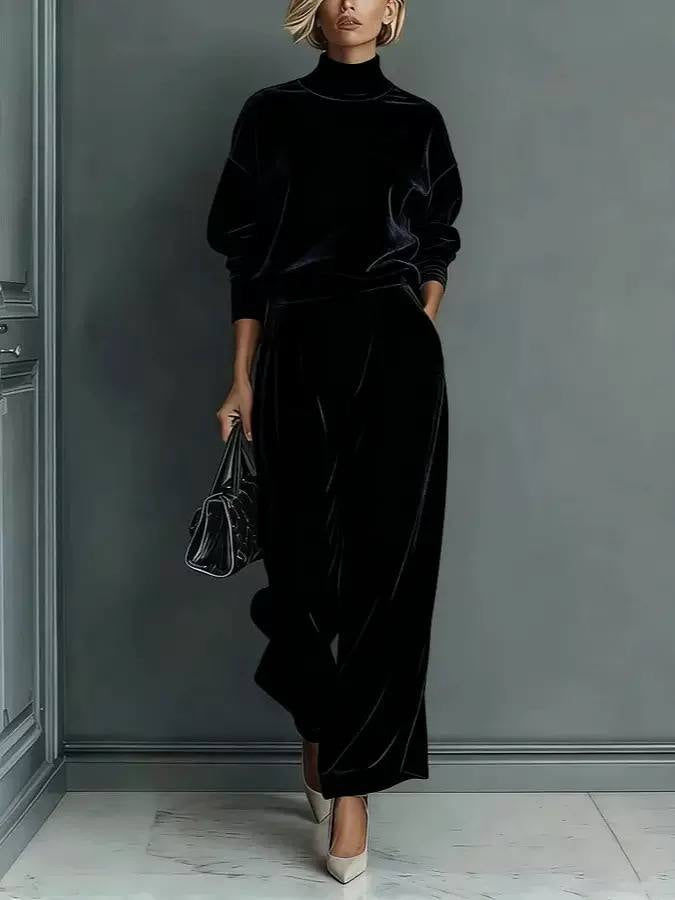 Relaxed Two-Piece Pants Set With Pleats And Pockets – Black