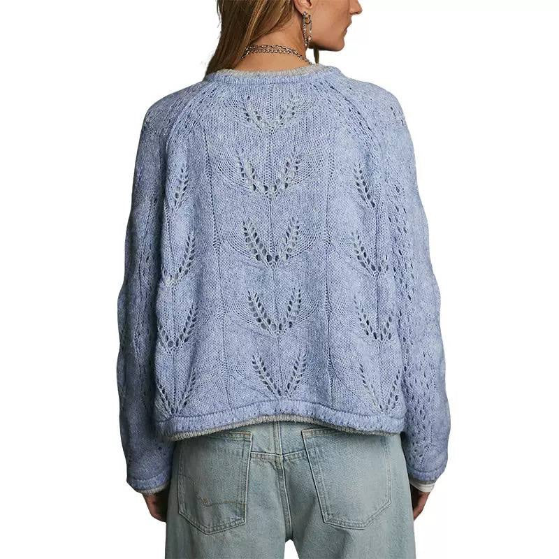 Relaxed Round Neck Cardigan With Leaf Openwork – Light Blue