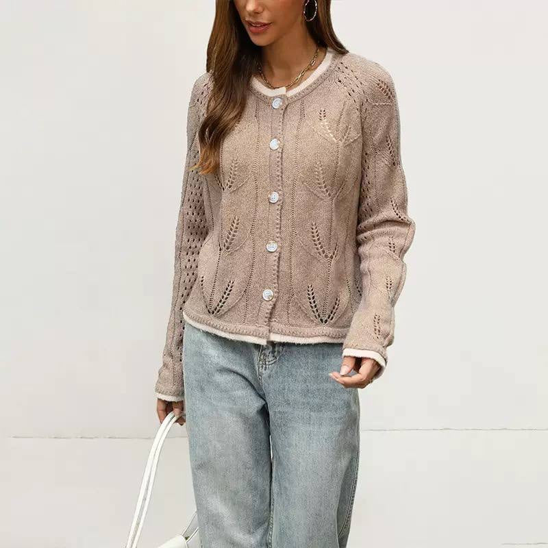 Relaxed Round Neck Cardigan With Leaf Openwork – Beige