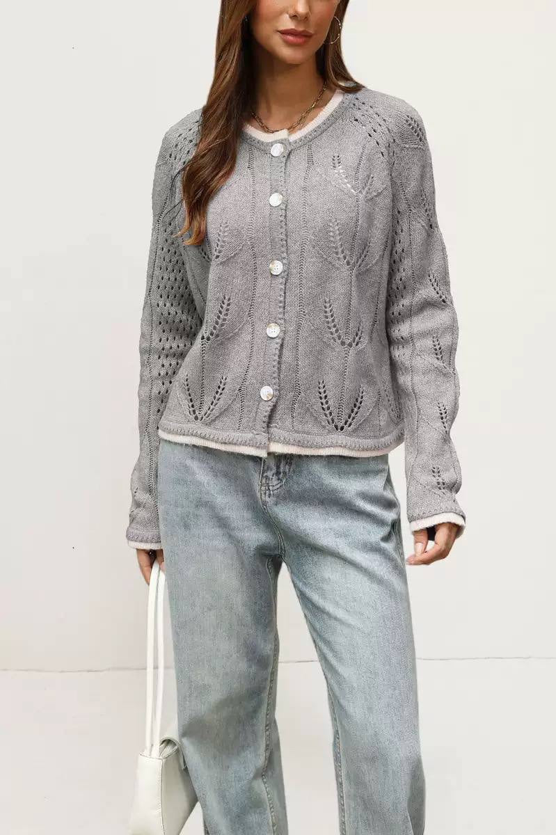 Relaxed Round Neck Cardigan With Leaf Openwork – Grey