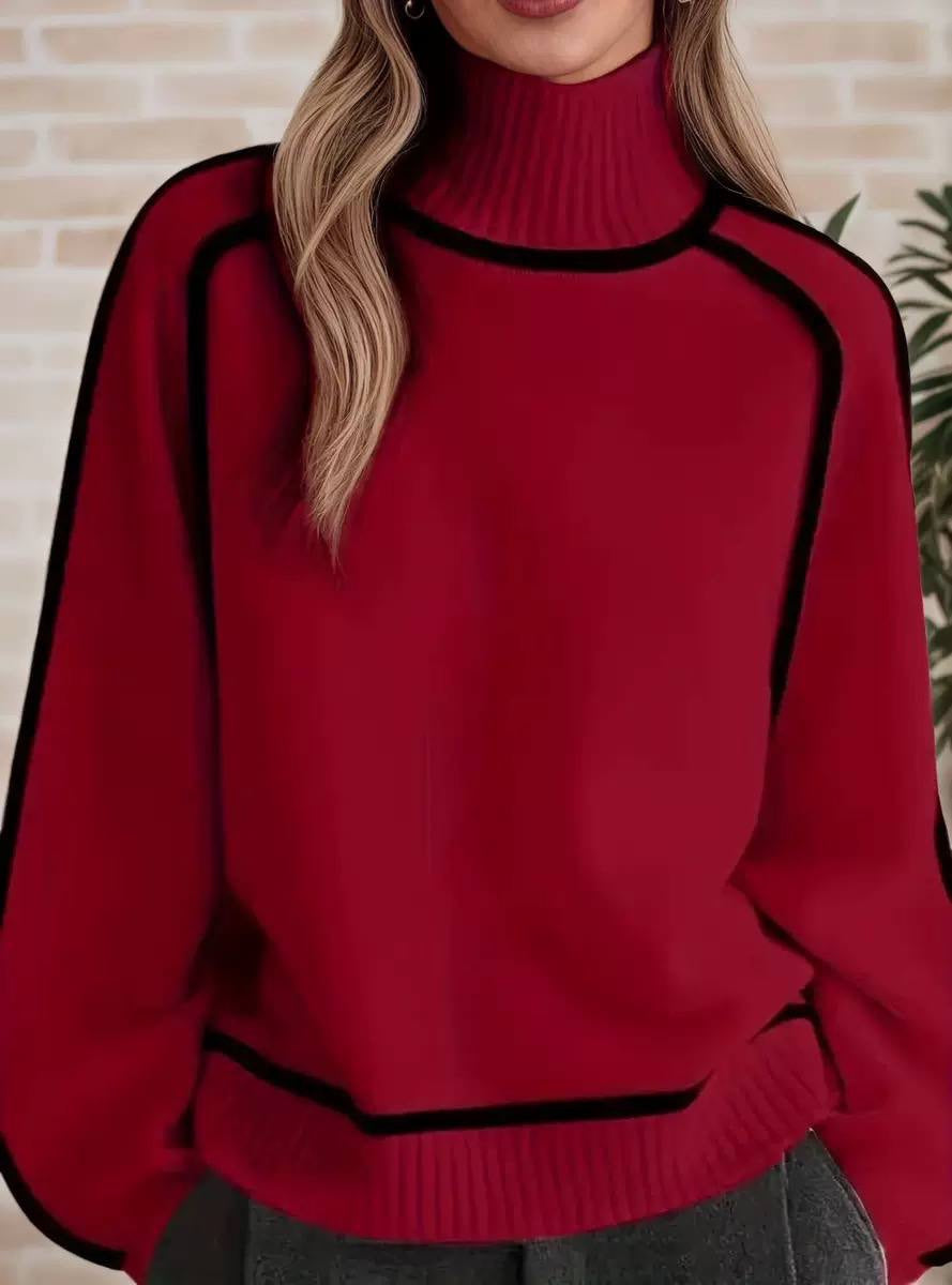 High-Neck Sweater With Balloon Sleeves And Contrast Outlines – Red