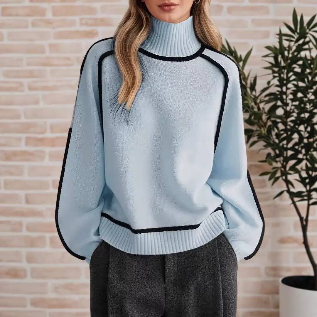 High-Neck Sweater With Balloon Sleeves And Contrast Outlines – Light Blue