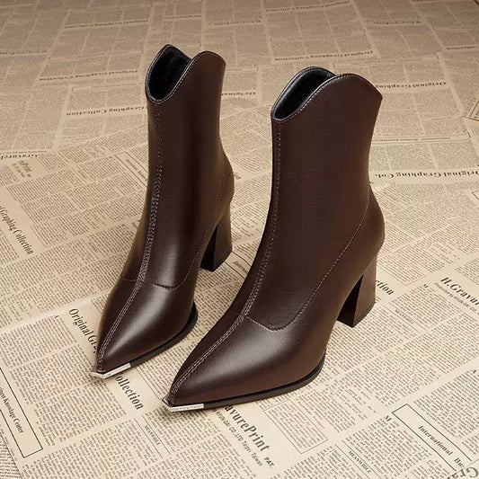 Pointed Ankle Boots With Contoured Stitching And Metallic Accents – Brown