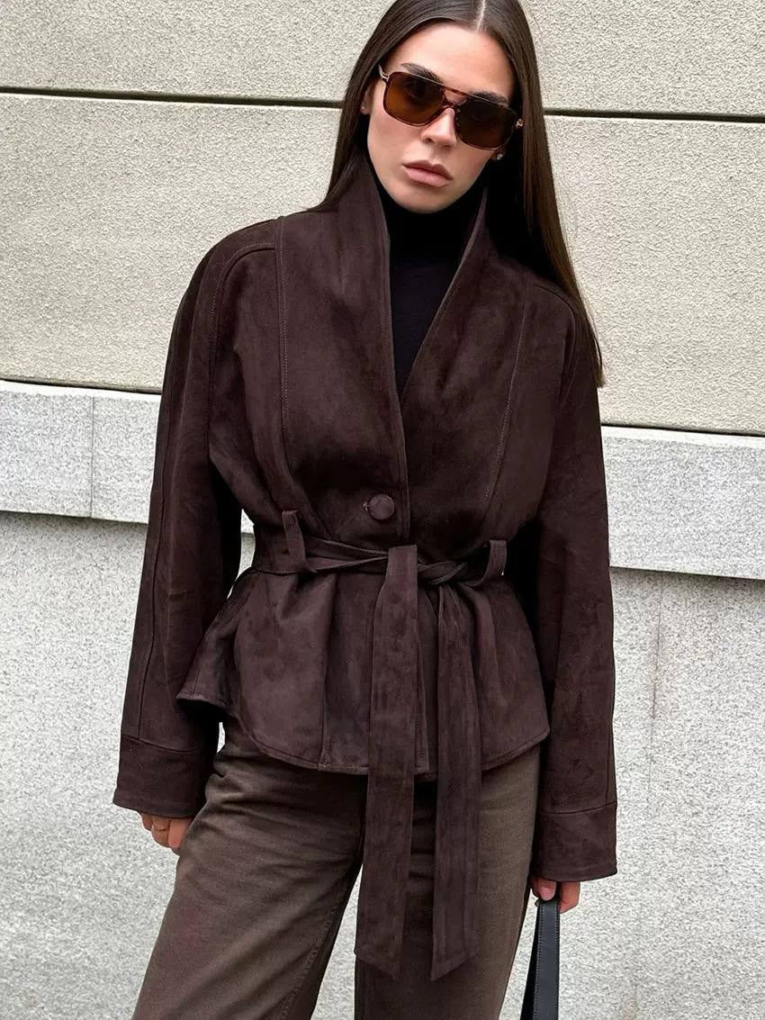 Curved-Hem Jacket With Wide Collar and Belted Waist – Brown