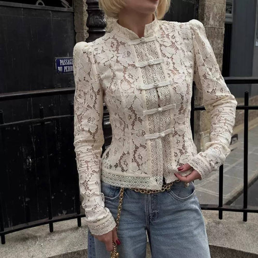 High Neck Floral Lace Blouse With Sculpted Shoulders – Cream