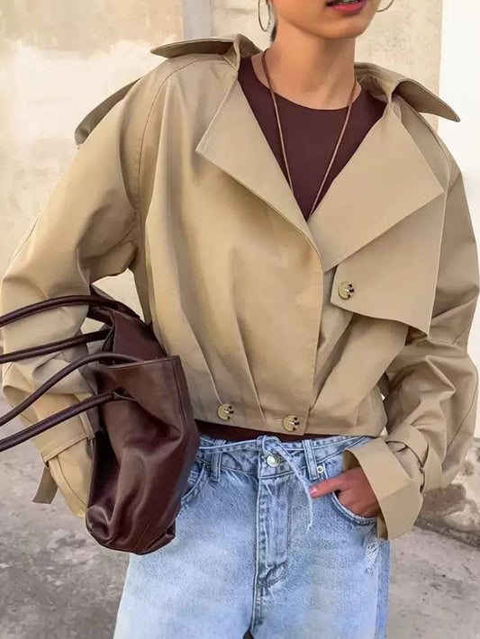 Cropped Jacket With Broad Collar And Layered Front – Beige